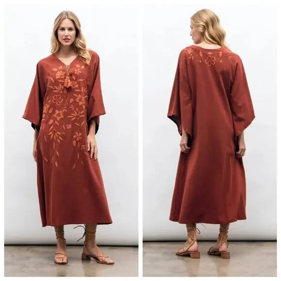 Mi Golondrina Ximena Maxi Kaftan Dress Medium Burnt Orange Embroidered Resort - Picture 1 of 13